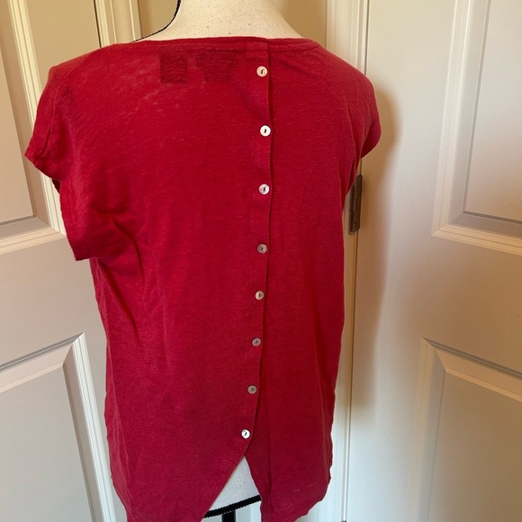 Tahari redish pink crew neck short sleeve linen button down back shirt - Picture 2 of 4